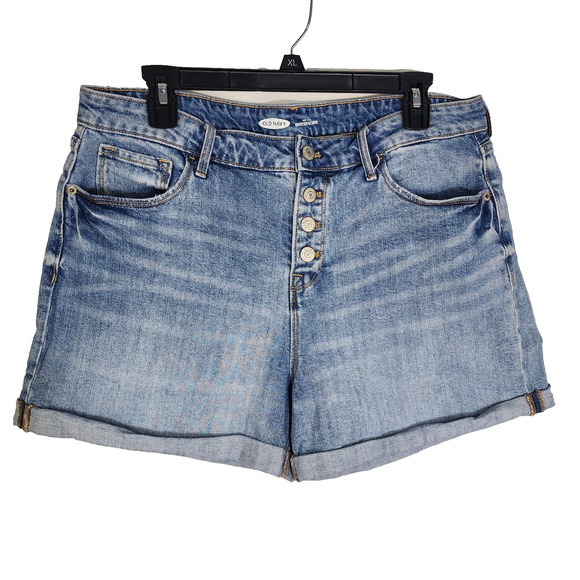 Old Navy Womens Jean Shorts 14 High Rise Super Slim Pocket Blue Denim Button Up - Picture 1 of 7